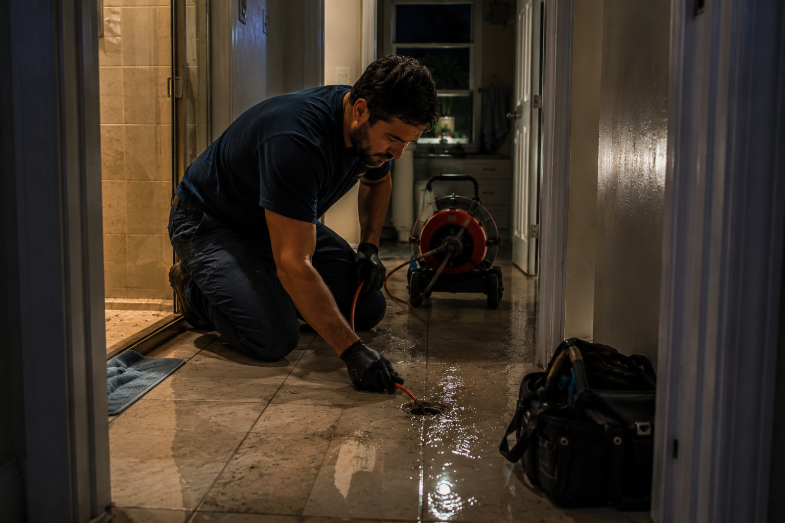 24 hour emergency plumber responding to a nighttime plumbing problem in Pompano Beach