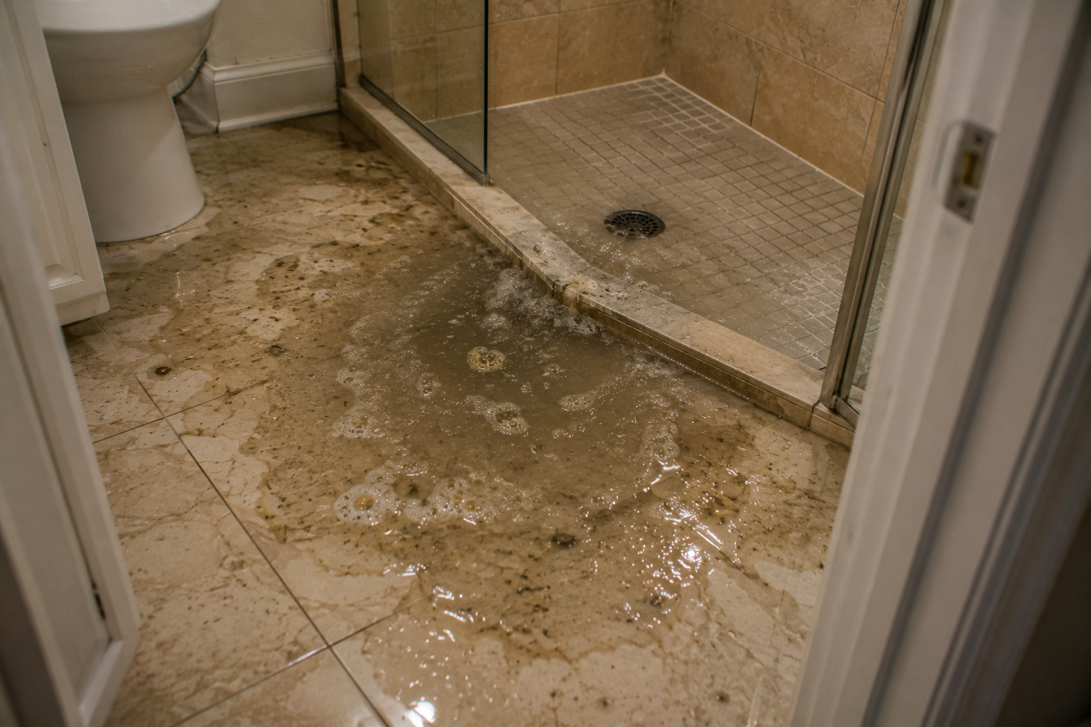 Condo drain backup emergency in Pompano Beach bathroom with wastewater backing up through shower drain