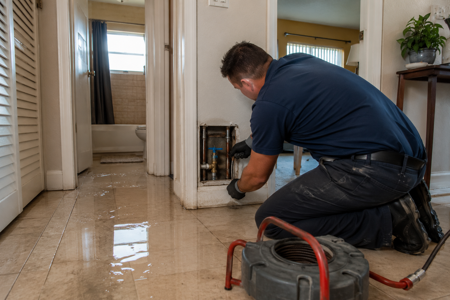 Emergency plumber responding to water damage inside a Pompano Beach home