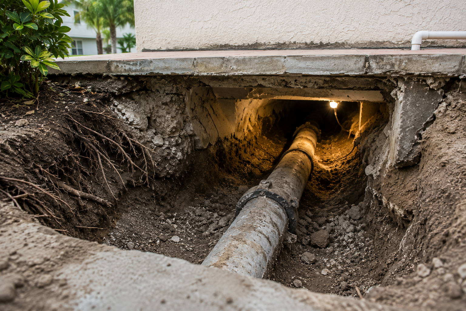 Tunnel excavation under a slab foundation for cast iron sewer pipe repair