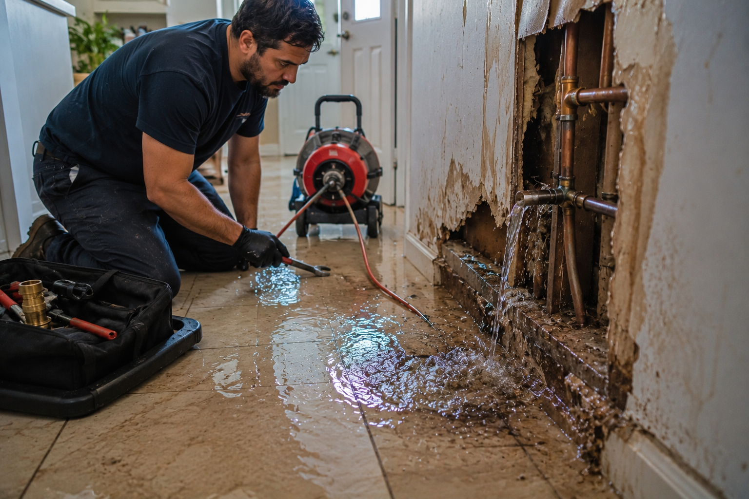 Emergency plumber repairing a burst pipe inside a Pompano Beach home