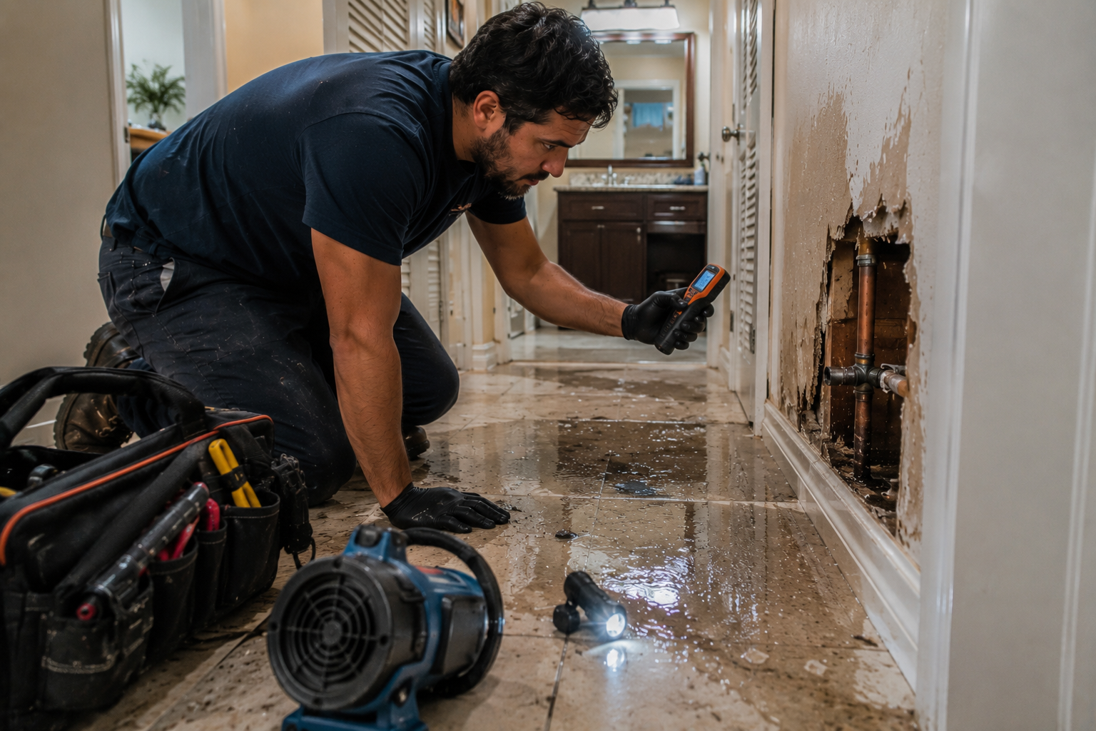 Emergency plumber repairing a burst pipe inside a Pompano Beach home