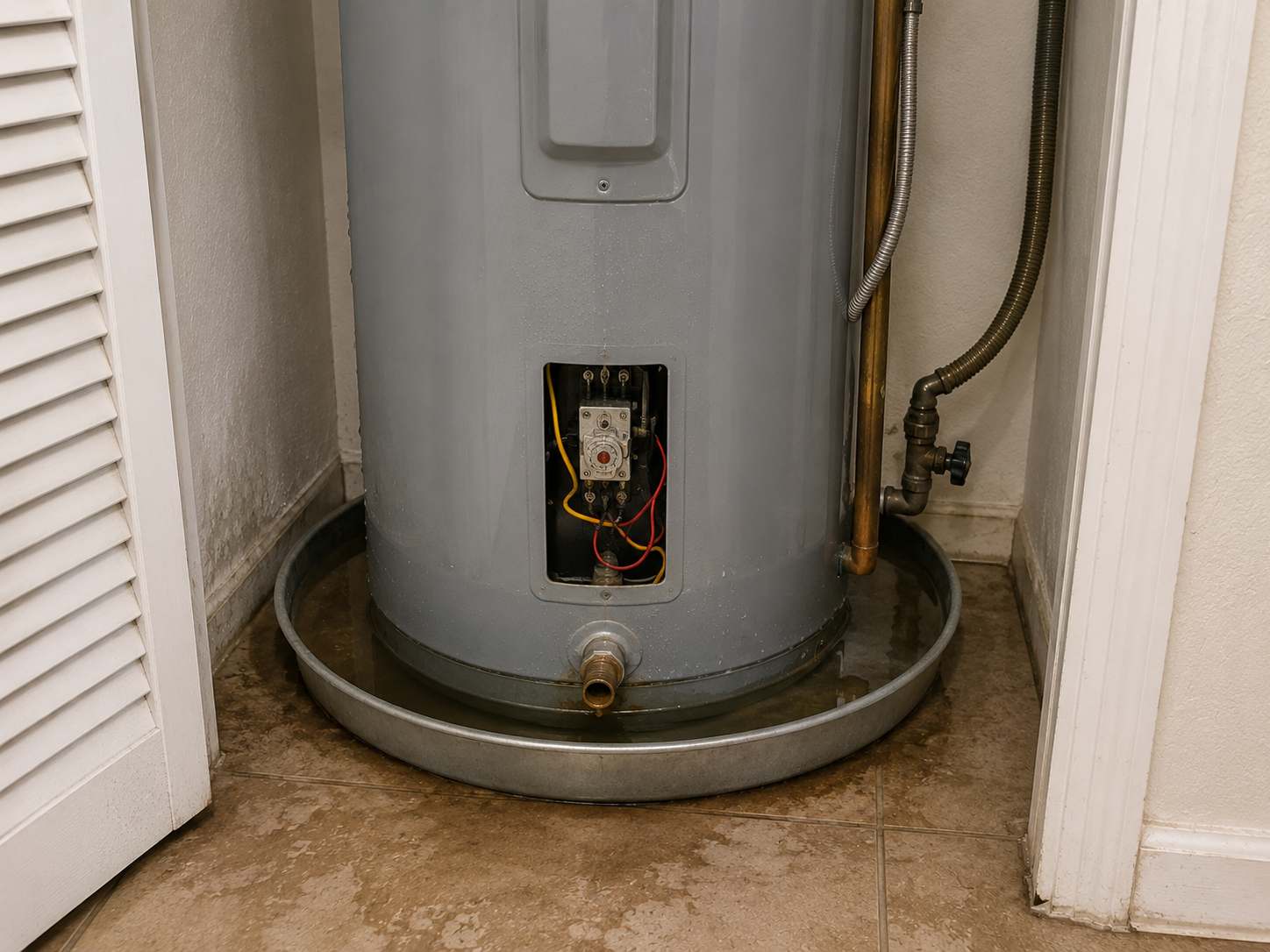Water heater drain pan overflow in a Pompano Beach utility closet