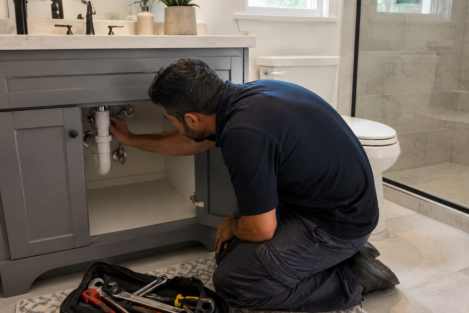 Residential plumber inspecting bathroom plumbing in a Coral Springs home
