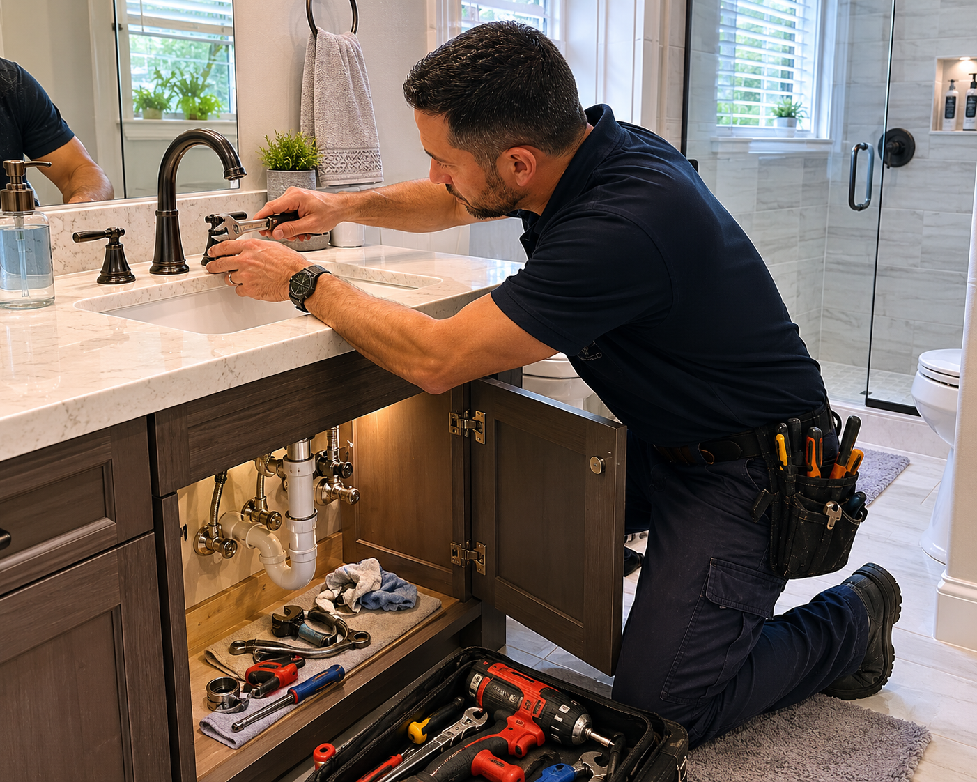 Faucet repair plumber working under a bathroom sink in a Coral Springs home