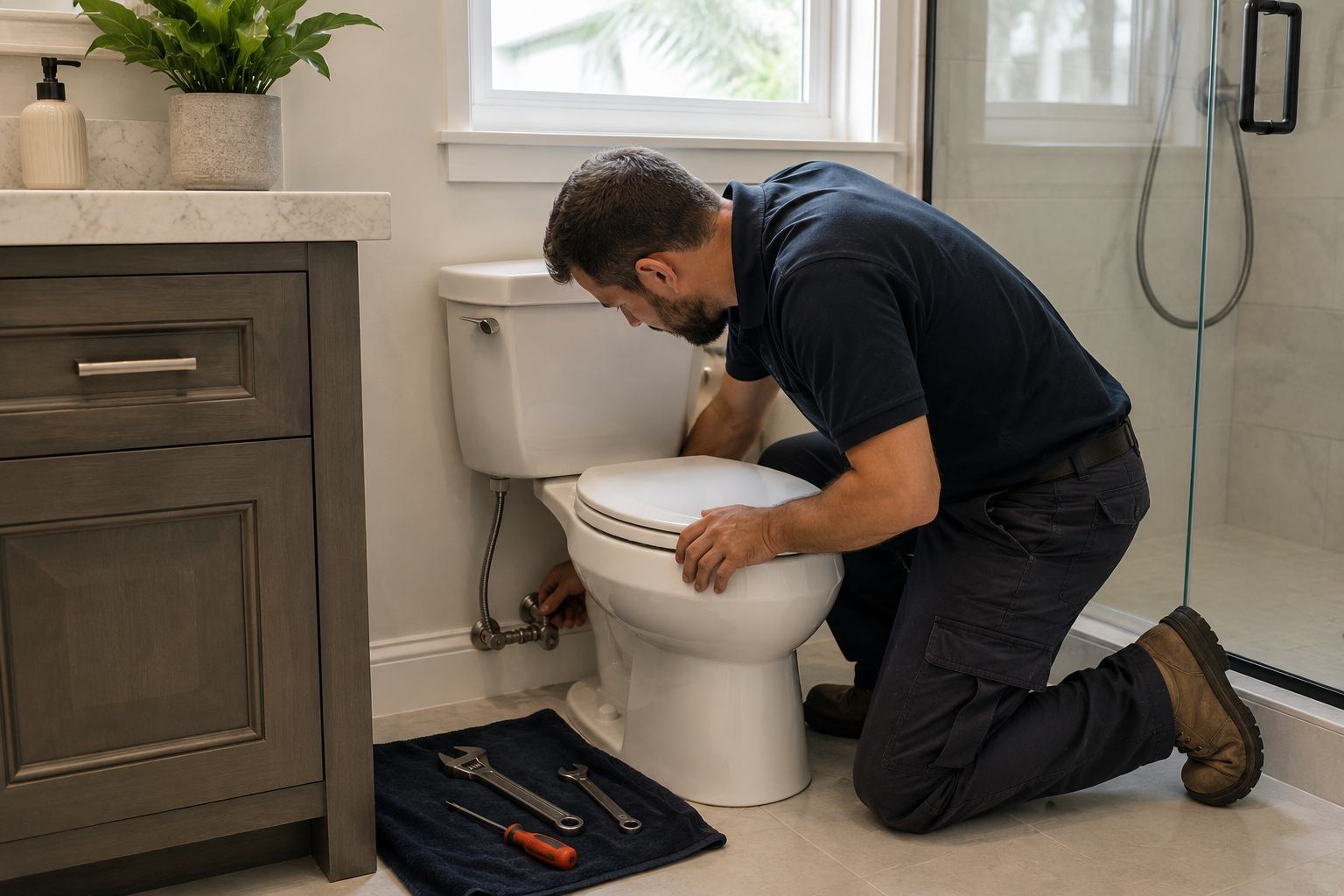 Toilet repair plumber inspecting a bathroom fixture in a Coral Springs home