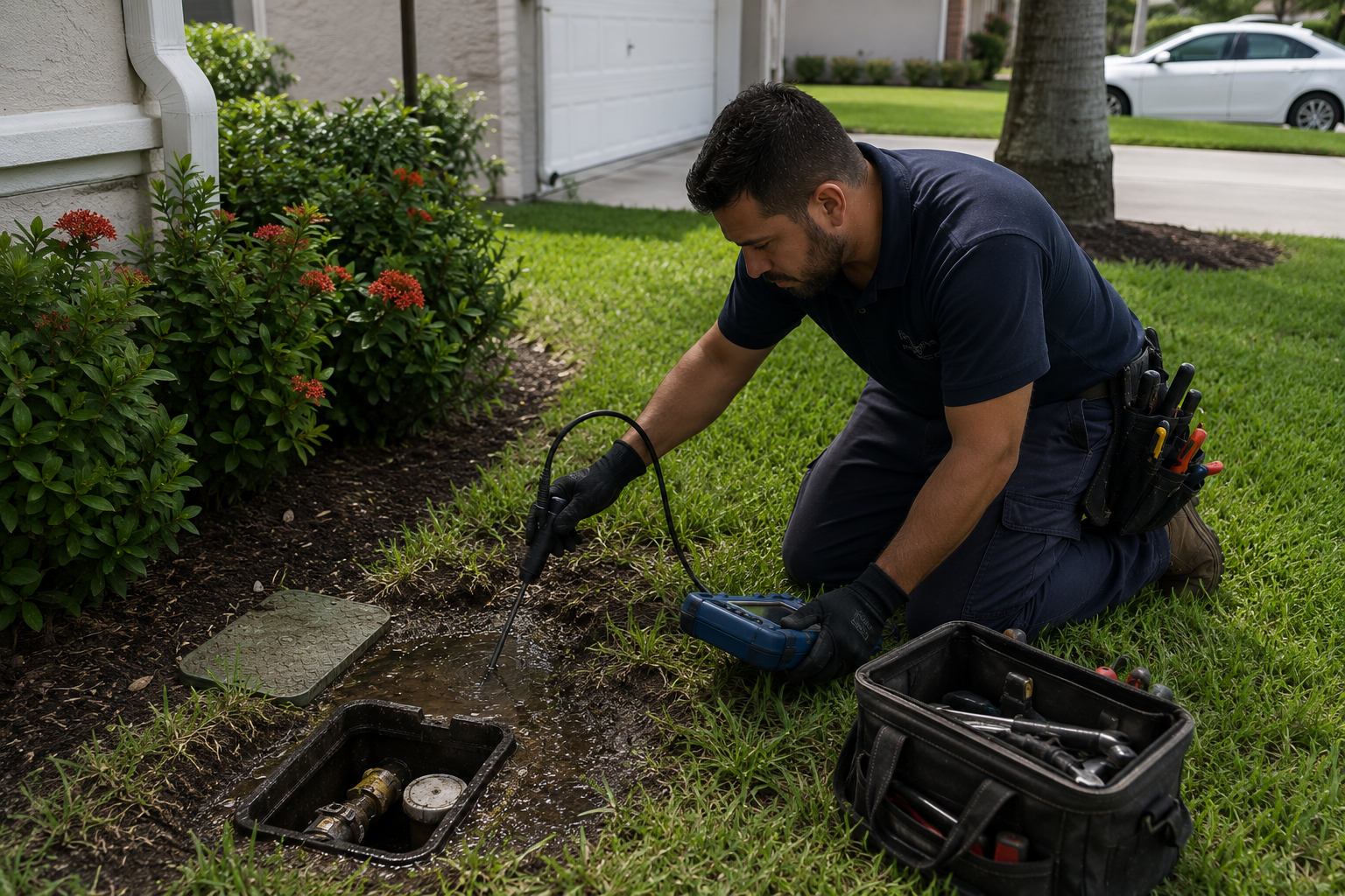Water line repair plumber inspecting a wet yard area outside a Coral Springs home