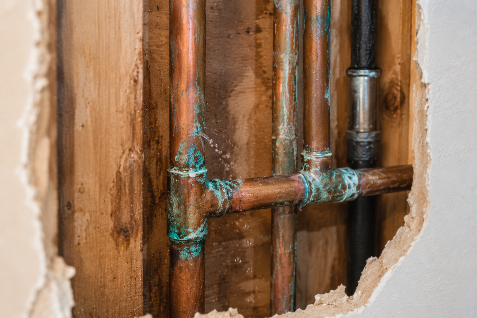 Copper pipe leak repair inside an older Pompano Beach home wall cavity