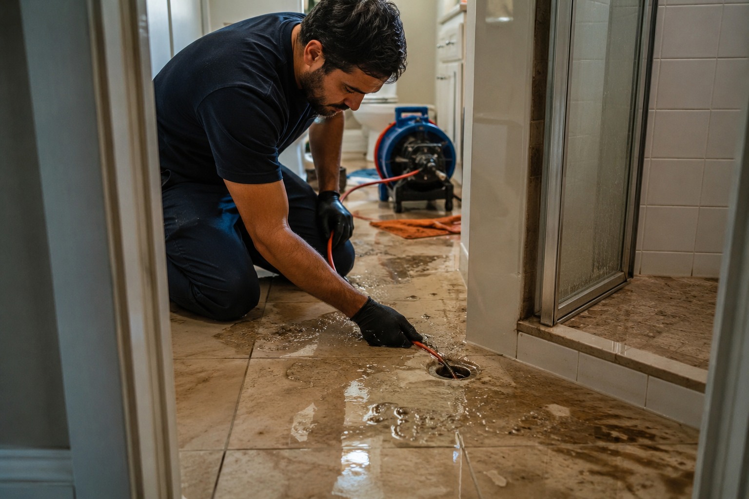 Emergency sewer backup plumber inspecting wastewater backup in a Pompano Beach home