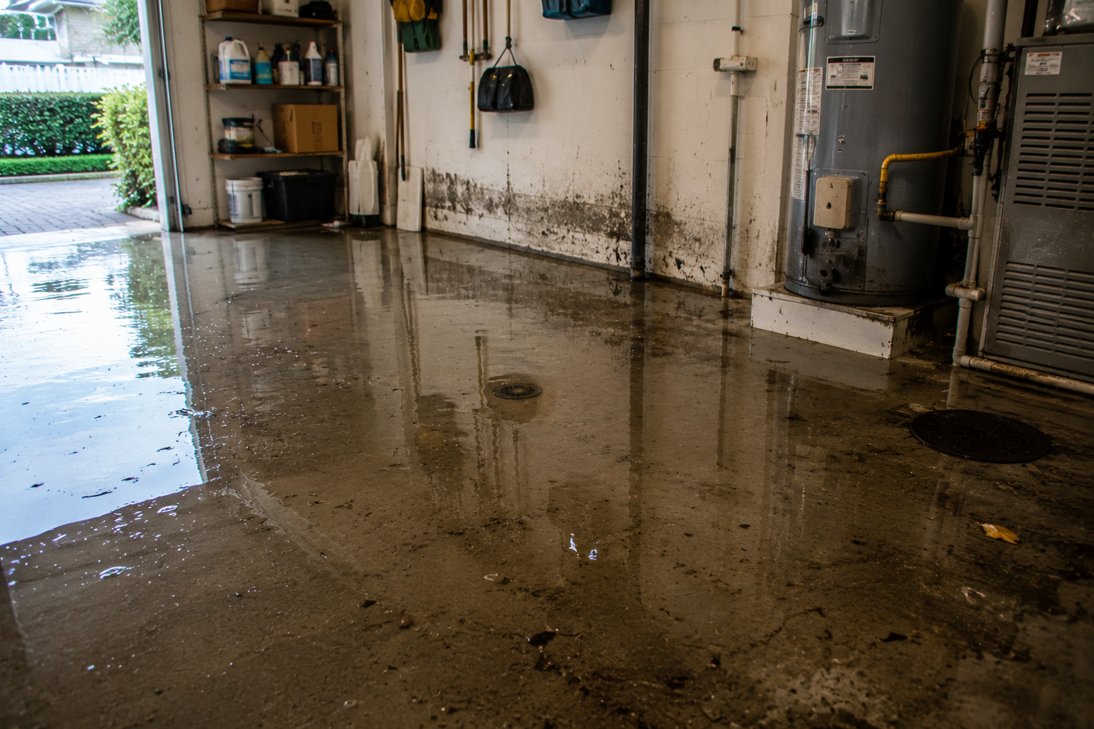 Flooded garage from plumbing leak inside older Pompano Beach home