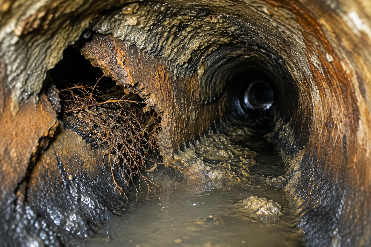 Tree roots and deterioration inside an aging sewer line in Pompano Beach