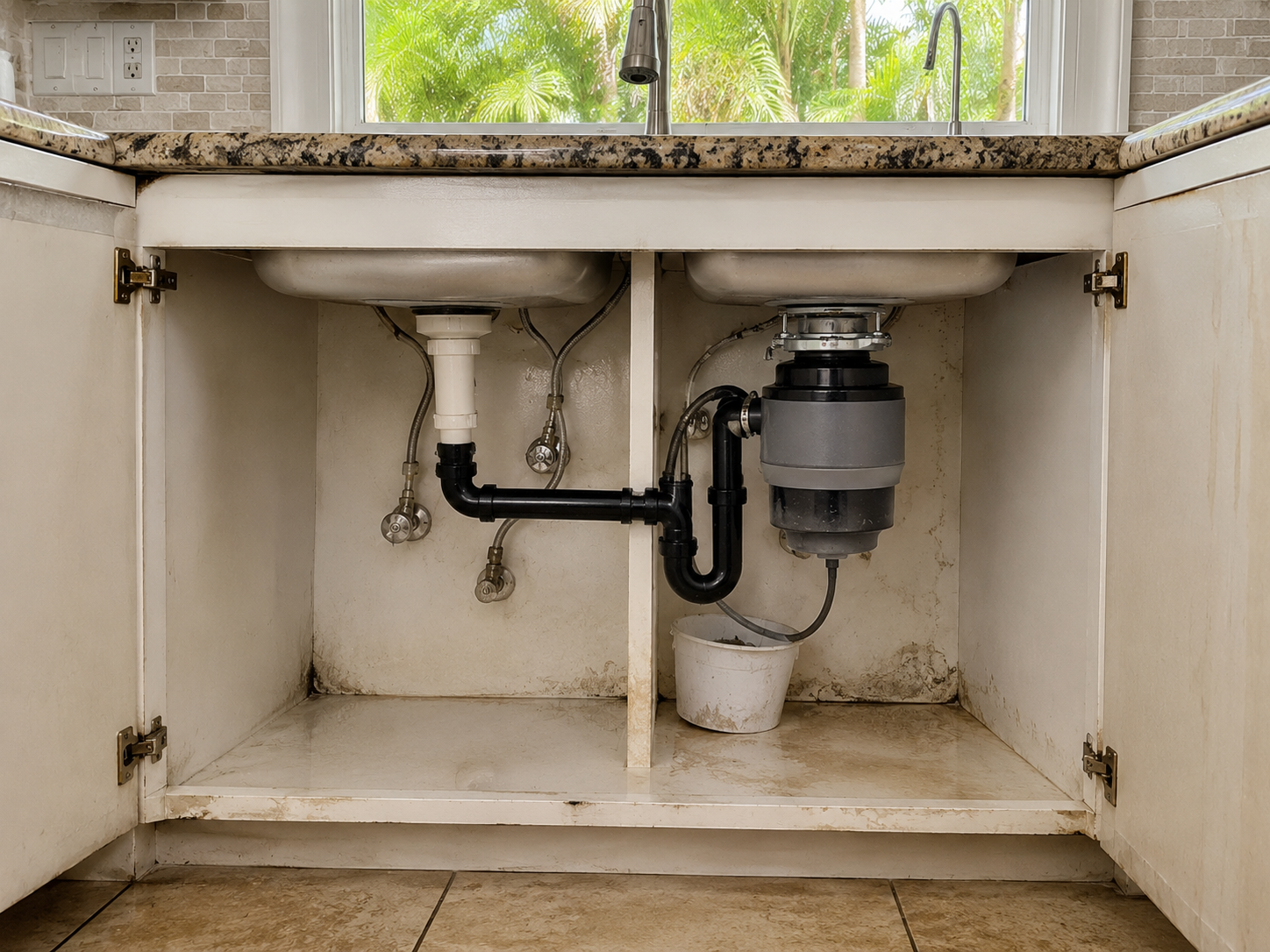 Kitchen plumbing repair beneath a sink in a Pompano Beach home