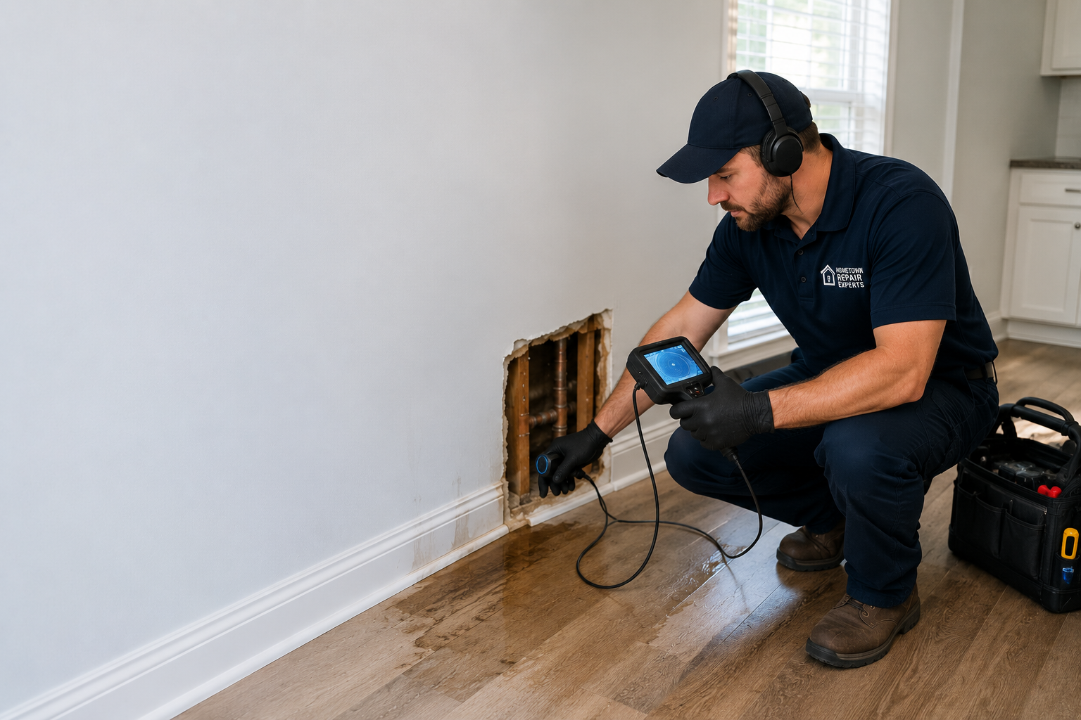 Leak detection inspection inside a Pompano Beach home with hidden moisture damage