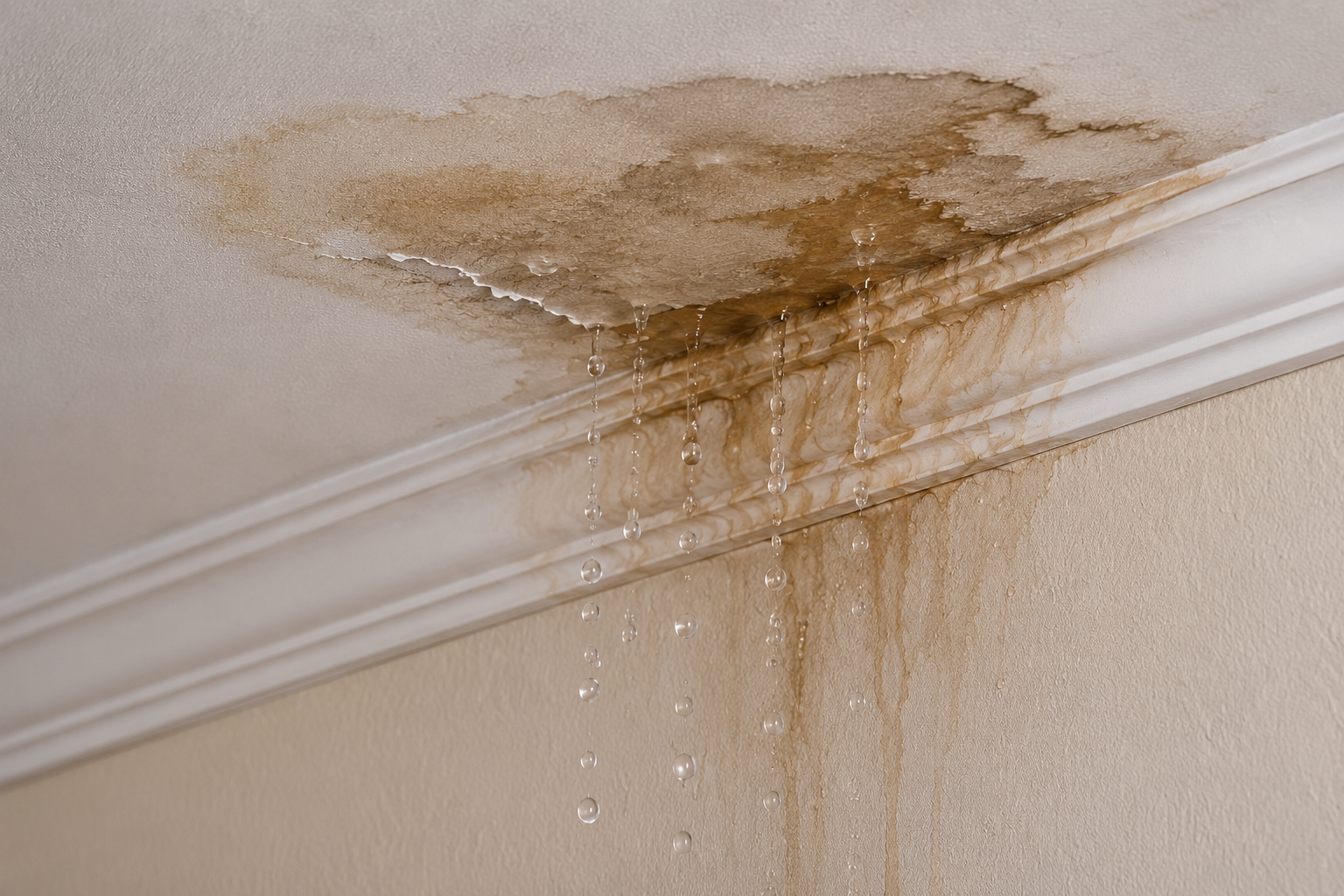 Ceiling water damage caused by a hidden plumbing leak