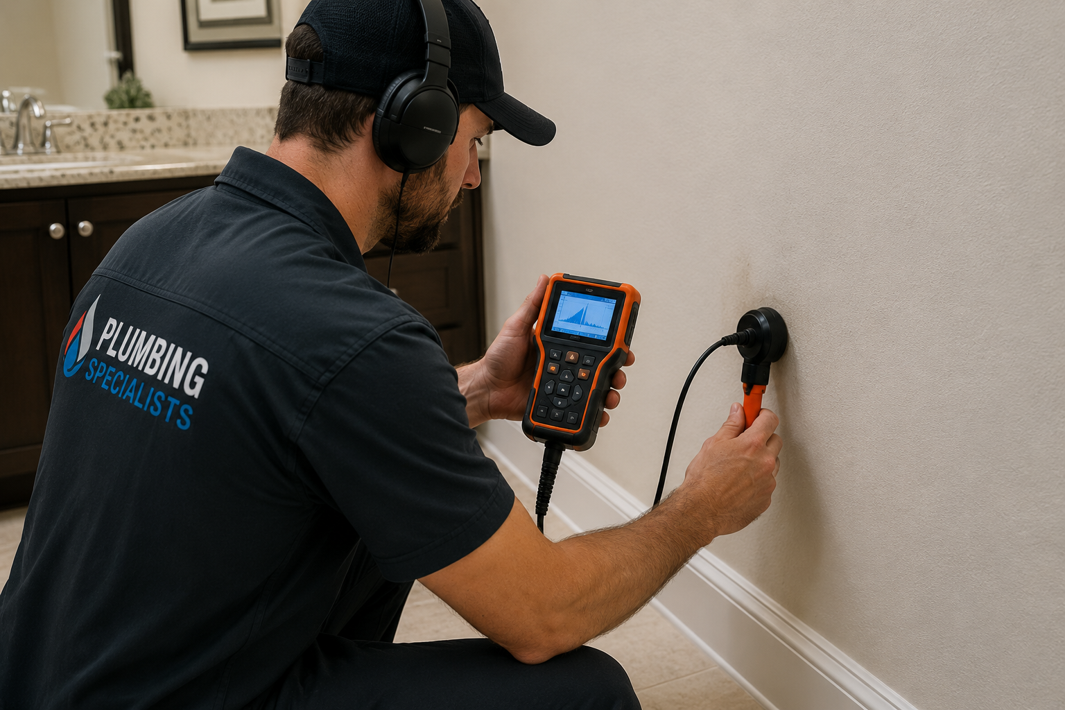 Plumber using leak detection equipment inside a home