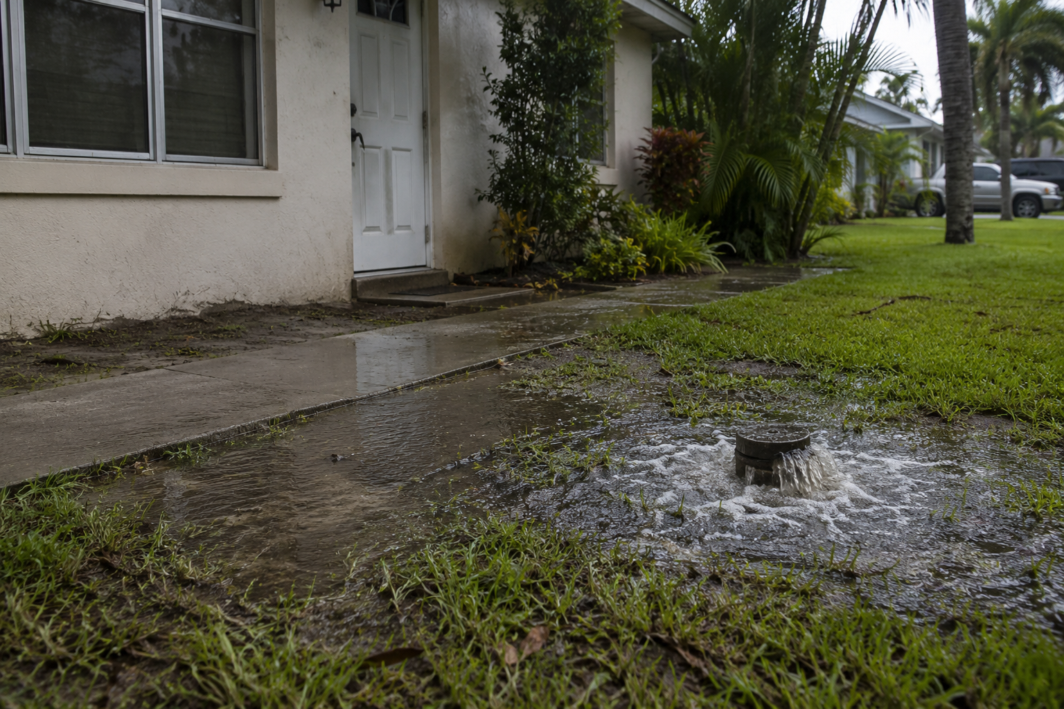 Overflowing sewer cleanout emergency outside older Pompano Beach home