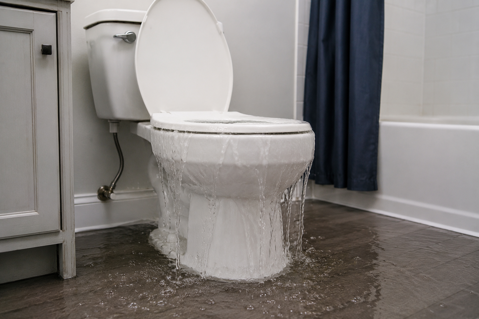 Overflowing toilet causing bathroom water damage