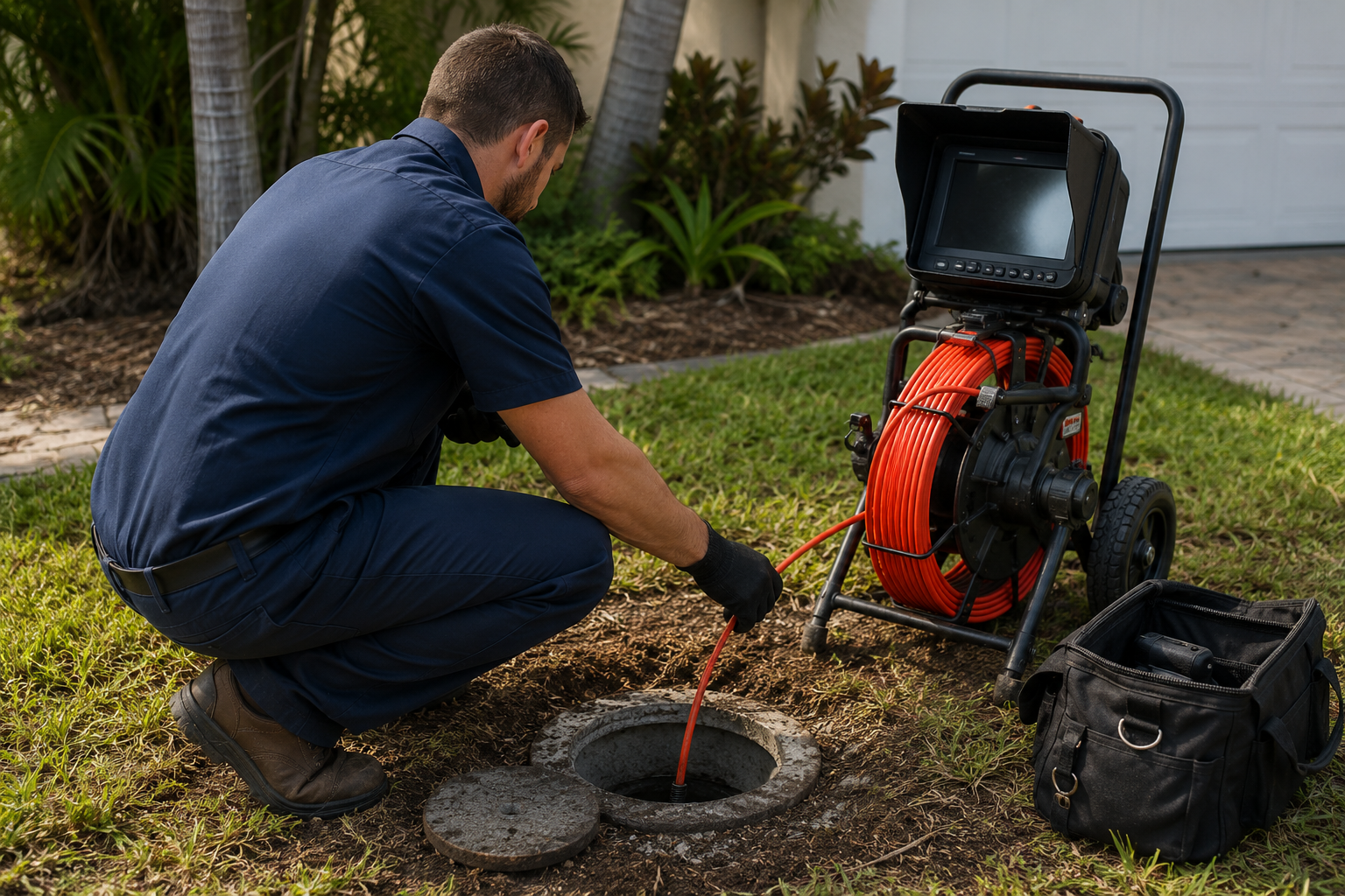 Sewer inspection camera equipment set up near a cleanout in Pompano Beach