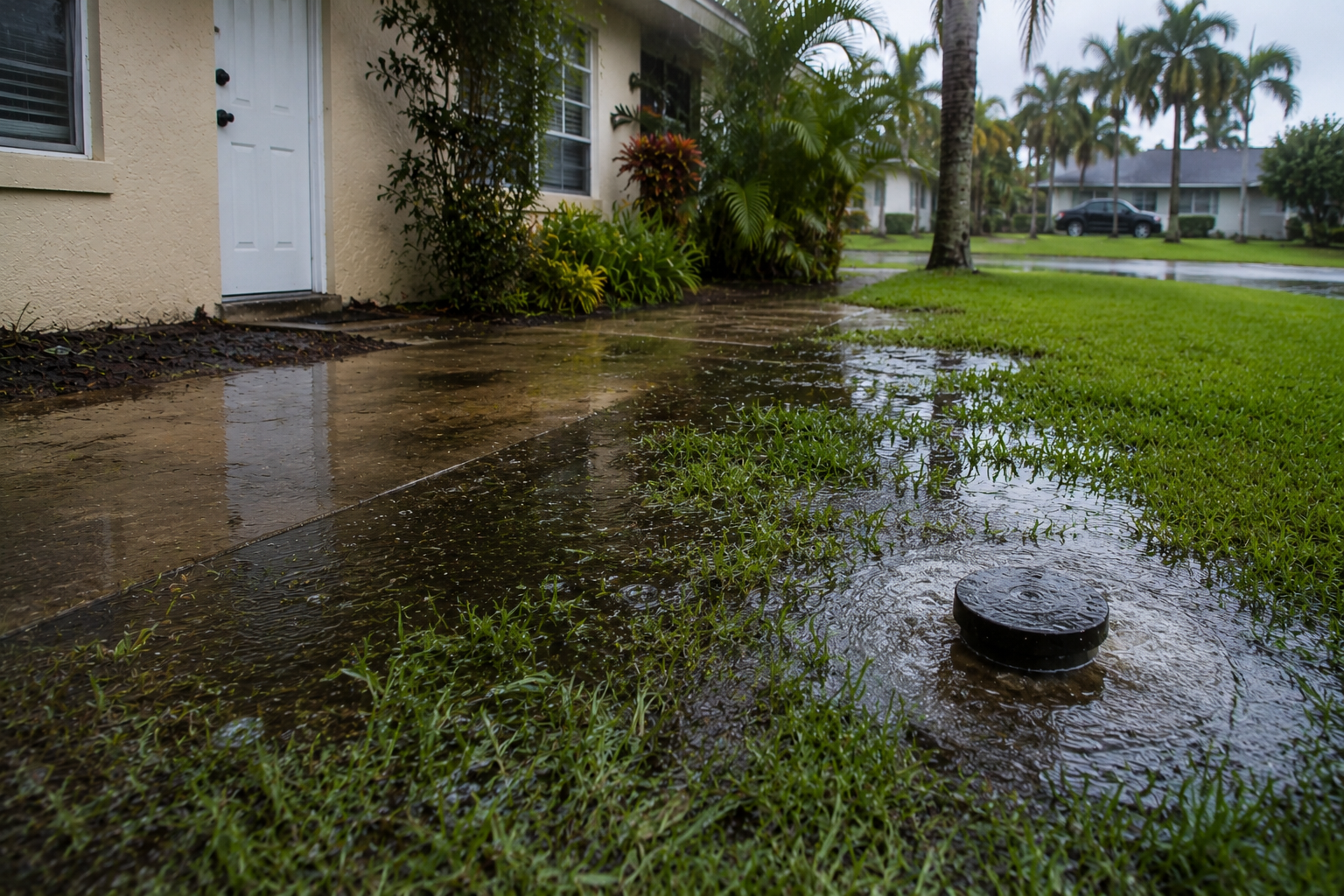 Flooding near yard sewer cleanout outside Pompano Beach home