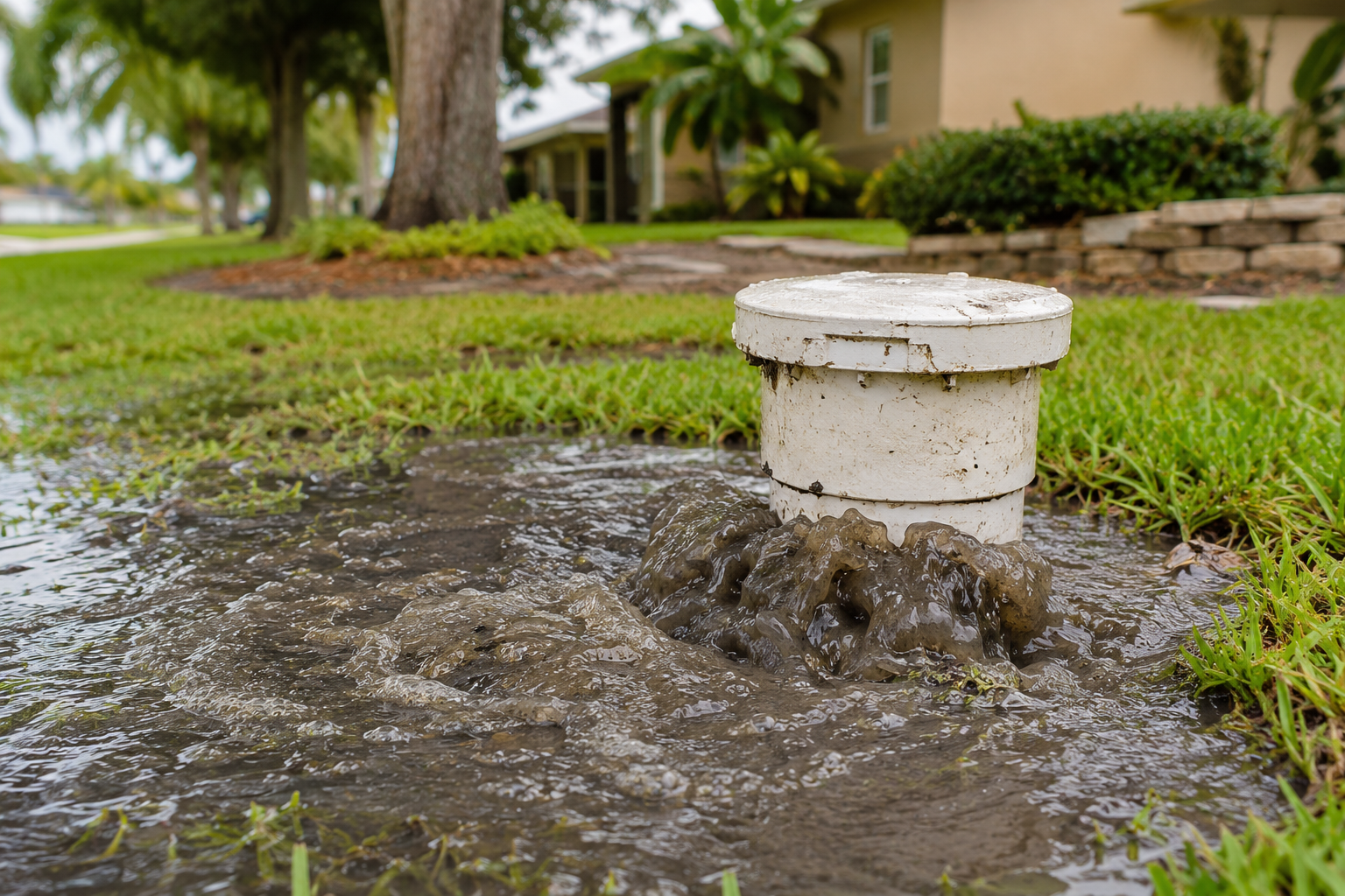 Sewer backup coming from a cleanout in a Pompano Beach yard