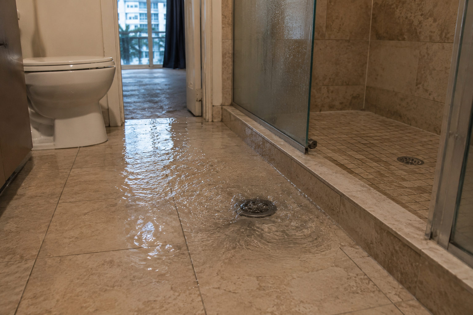 Shared stack backup inside Pompano Beach condo bathroom