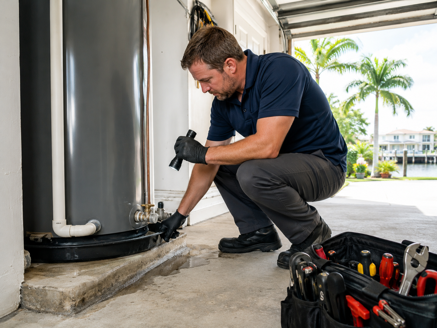 Plumber repairing a residential water heater in a Lighthouse Point waterfront home