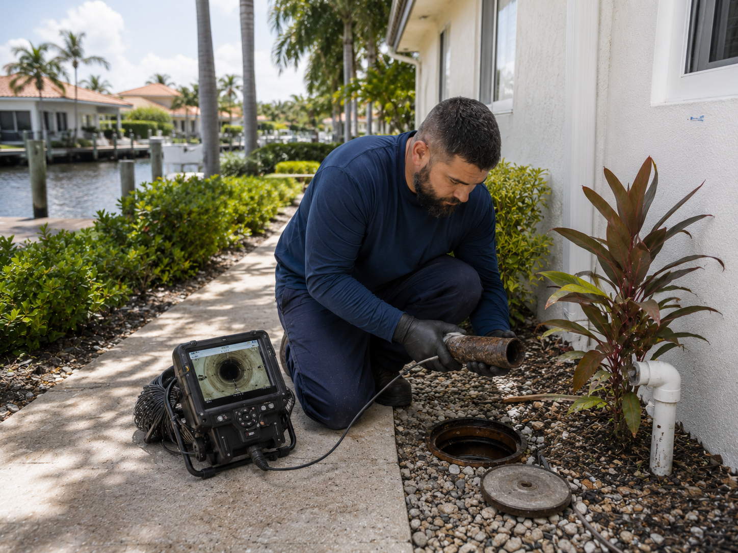 Plumber evaluating an older cast iron drain line at a Lighthouse Point waterfront home