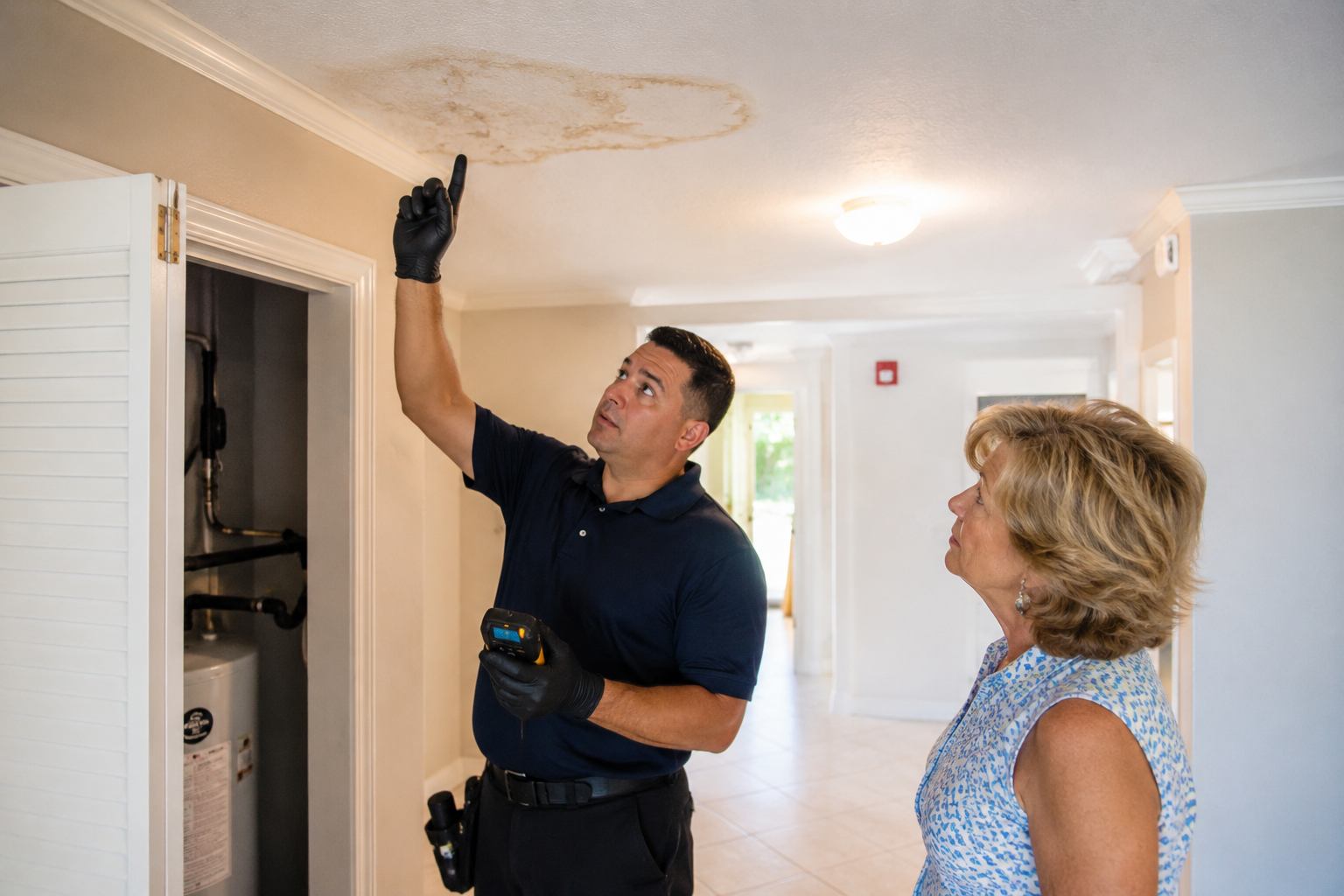 Plumber evaluating a plumbing issue inside a Lighthouse Point condo building
