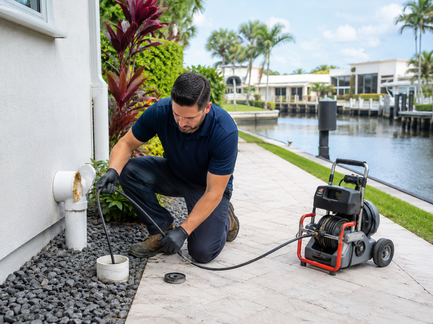 Plumber performing drain cleaning service at a Lighthouse Point waterfront home
