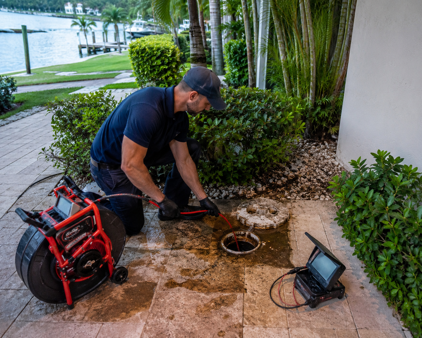 Plumber inspecting an exterior cleanout during an emergency sewer backup at a Lighthouse Point waterfront home