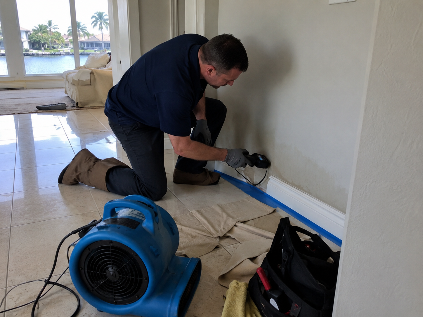 Plumber responding to an active water leak inside a Lighthouse Point waterfront home