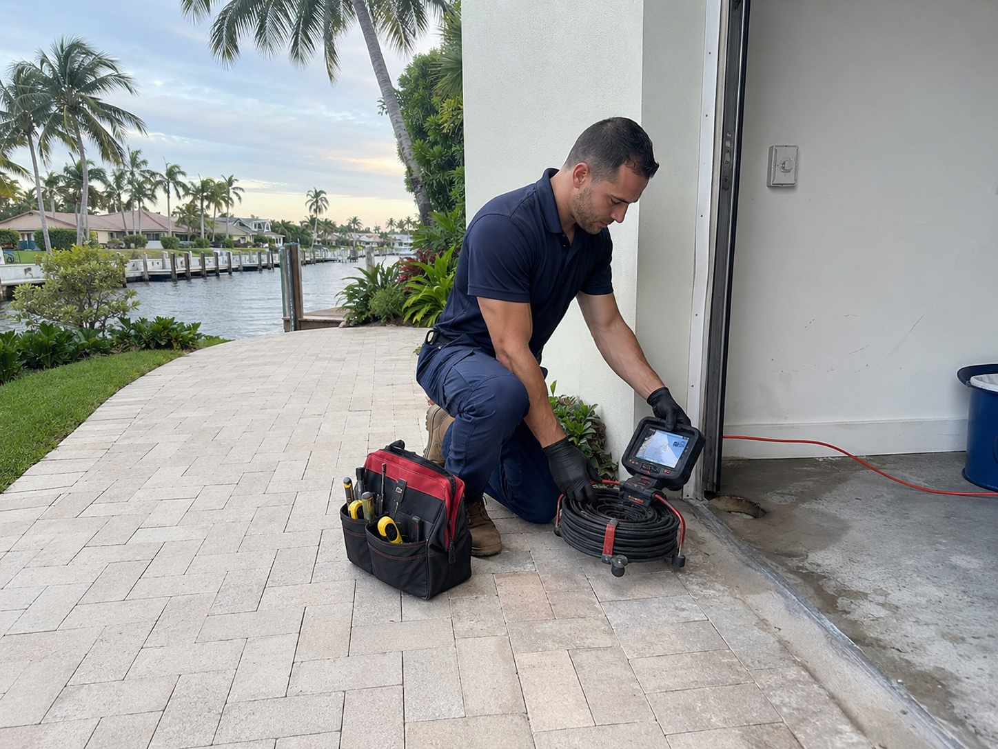 Emergency plumber responding to an urgent plumbing problem at a Lighthouse Point waterfront home