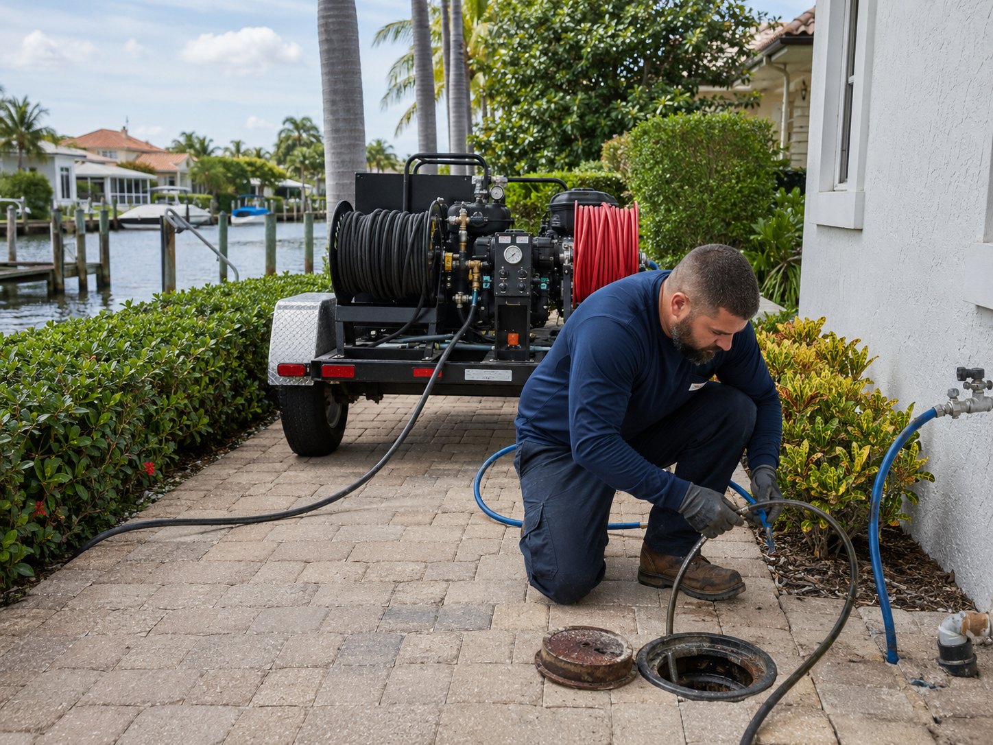 Plumber preparing hydro jetting equipment at a Lighthouse Point waterfront home