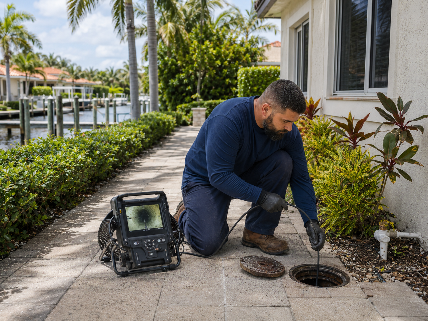 Plumber performing a sewer camera inspection at a Lighthouse Point waterfront home