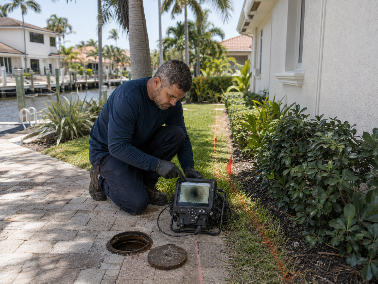 Plumber evaluating a private sewer lateral at a Lighthouse Point waterfront home