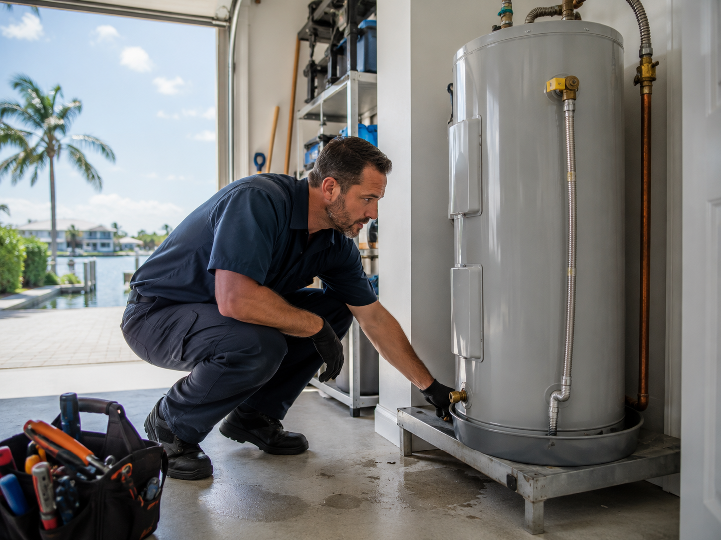 Plumber inspecting a residential water heater in a Lighthouse Point waterfront home