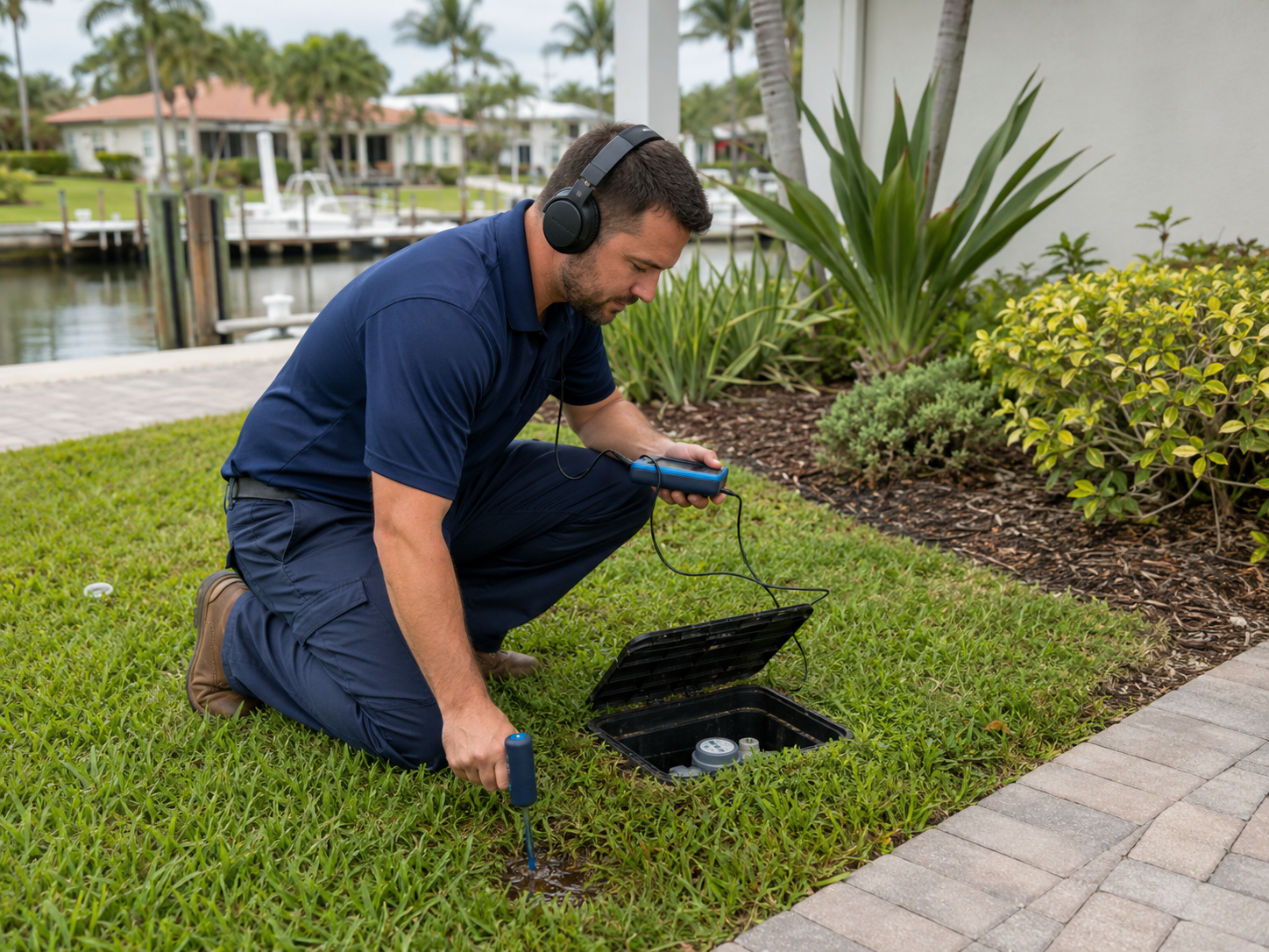 Plumber evaluating a buried water-service line near a Lighthouse Point waterfront home