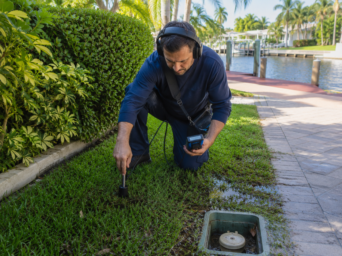 Plumber investigating an underground water-line leak near a Lighthouse Point waterfront home