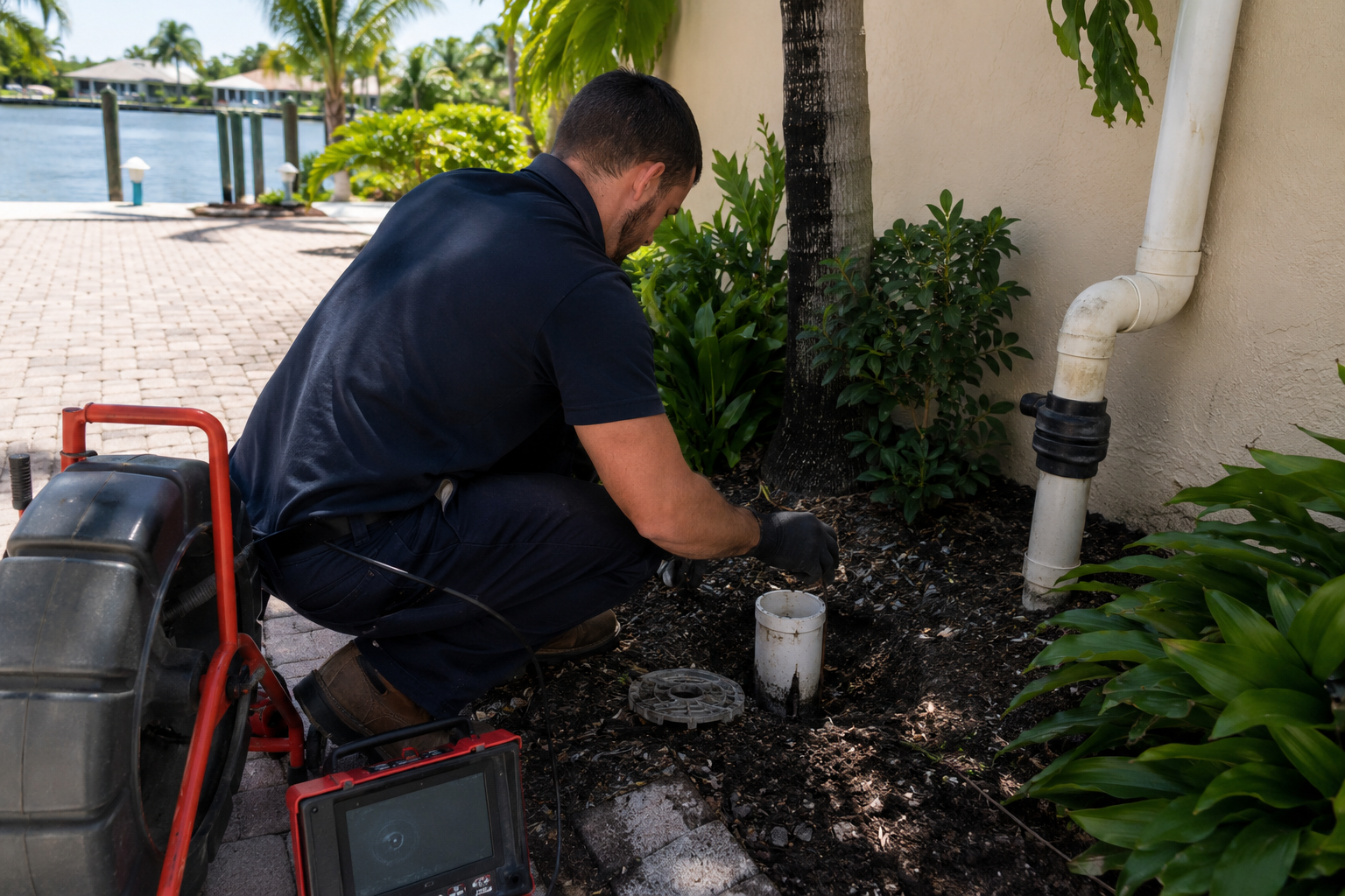 Plumber inspecting an exterior sewer cleanout at a Lighthouse Point waterfront home