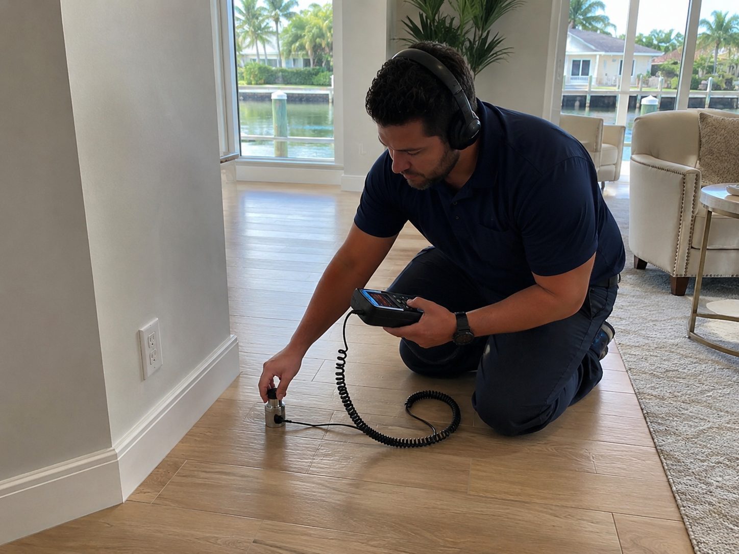 Plumber performing slab leak detection beneath finished flooring in a Lighthouse Point waterfront home