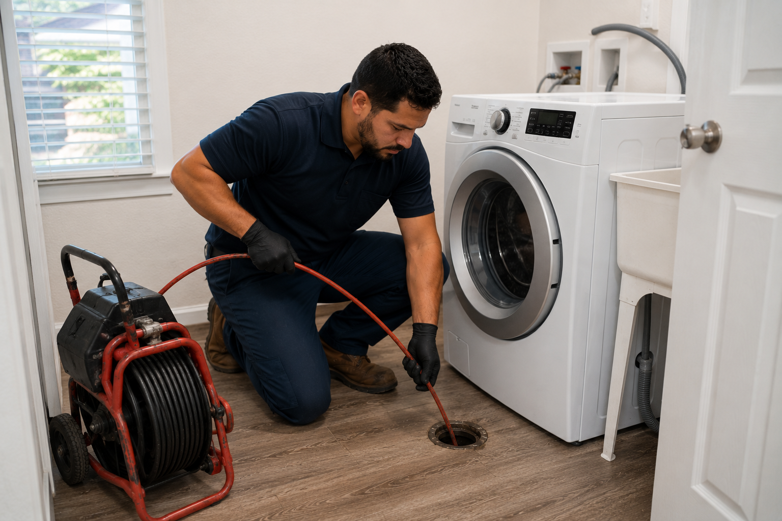 Plumber inspecting a laundry drain backup near a washing machine in a Pembroke Pines home