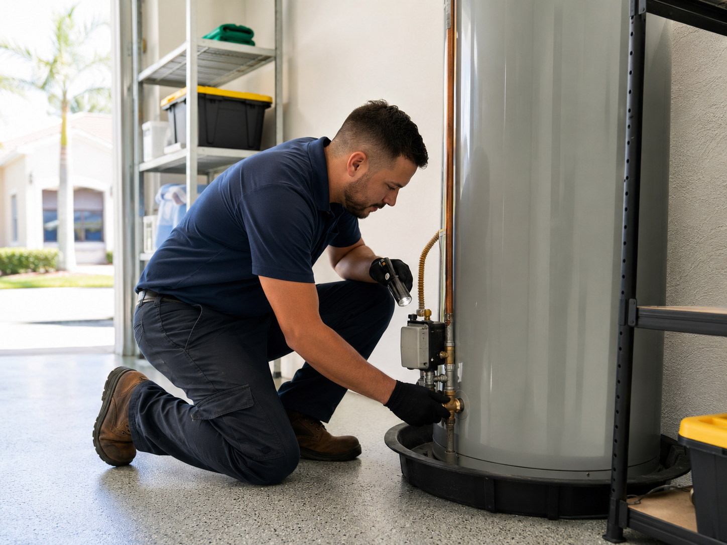 Plumber inspecting a garage water heater in a Pembroke Pines home