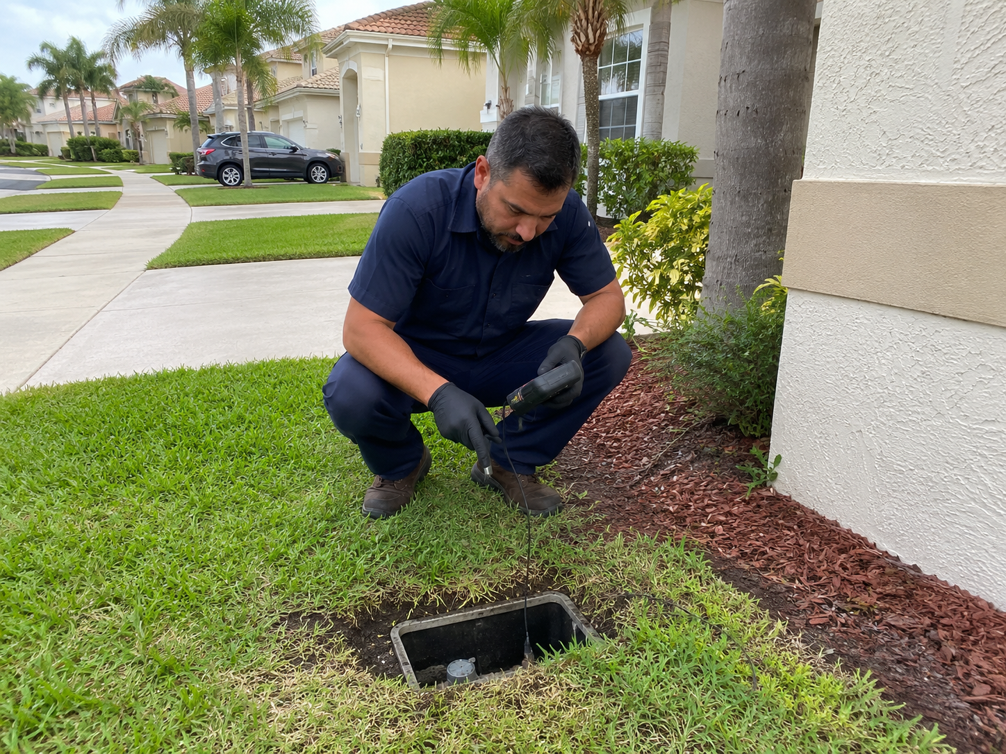 Plumber inspecting an underground water-line issue outside a Pembroke Pines home