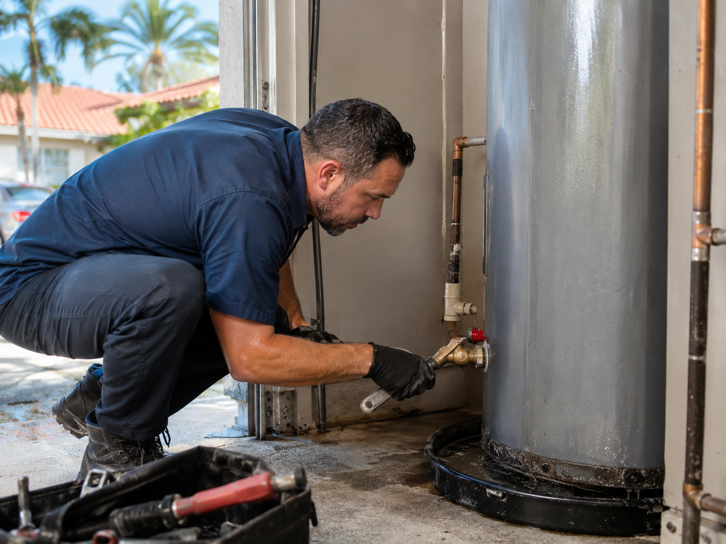 Emergency water heater repair in a Pembroke Pines garage