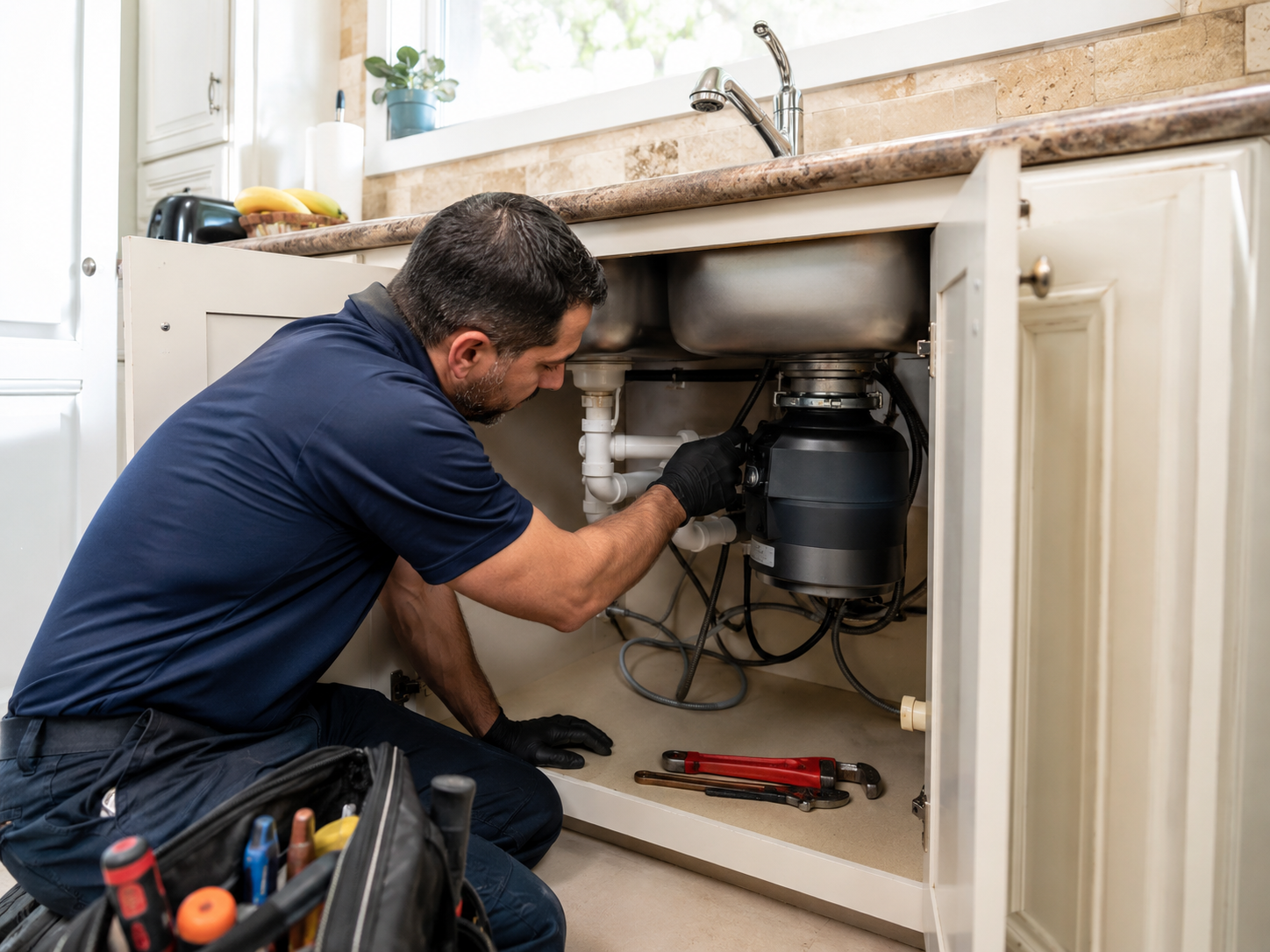 Plumber repairing a garbage disposal beneath a kitchen sink in Pembroke Pines