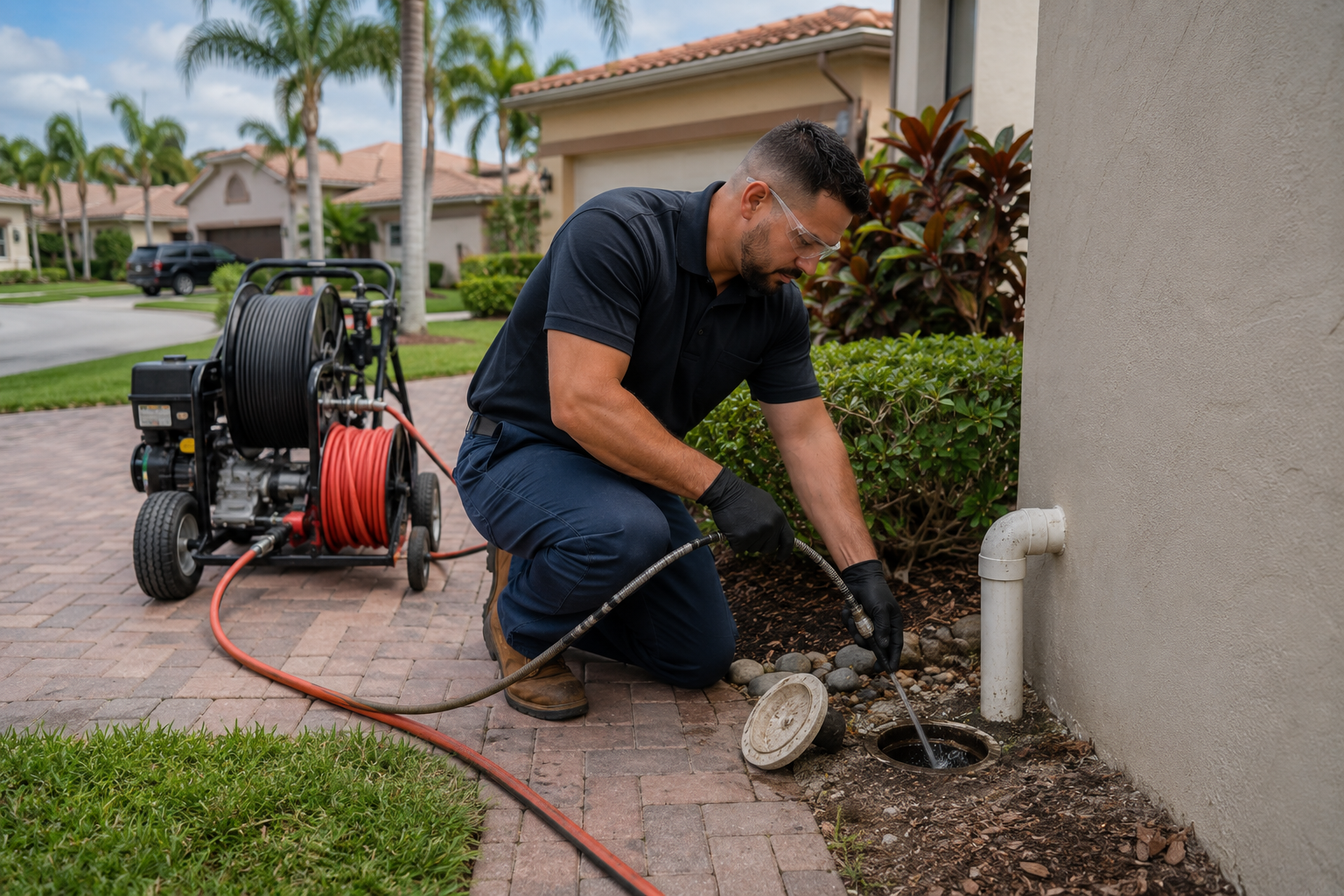 Hydro jetting drain cleaning equipment outside a Pembroke Pines home