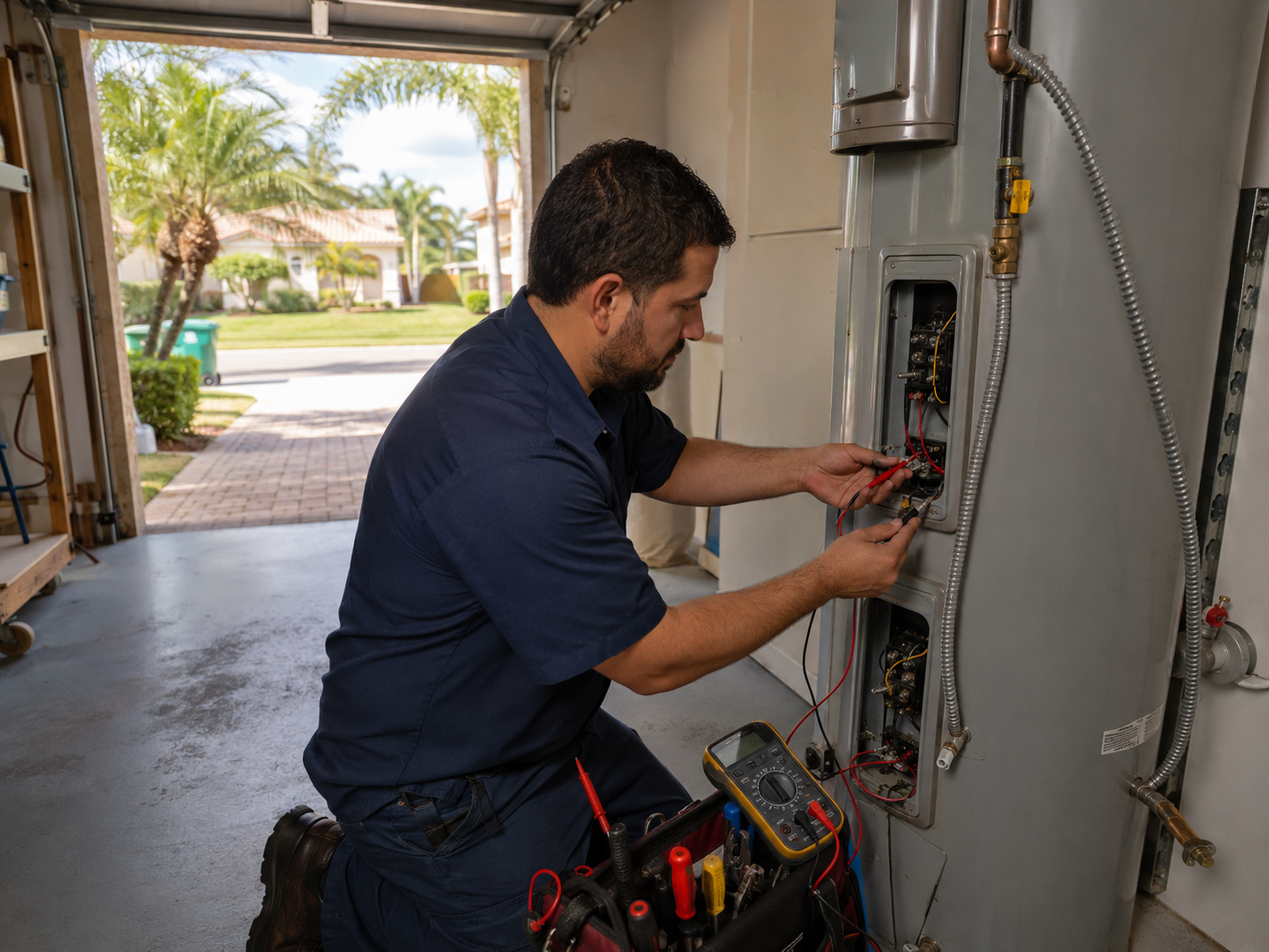 Plumber diagnosing a no-hot-water problem at a Pembroke Pines home