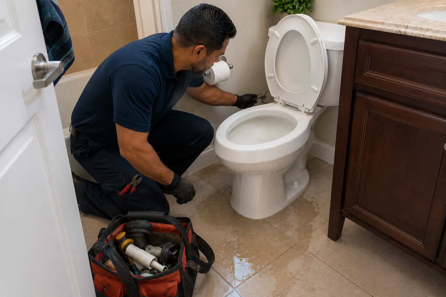 Plumber repairing an overflowing toilet inside a Pembroke Pines home