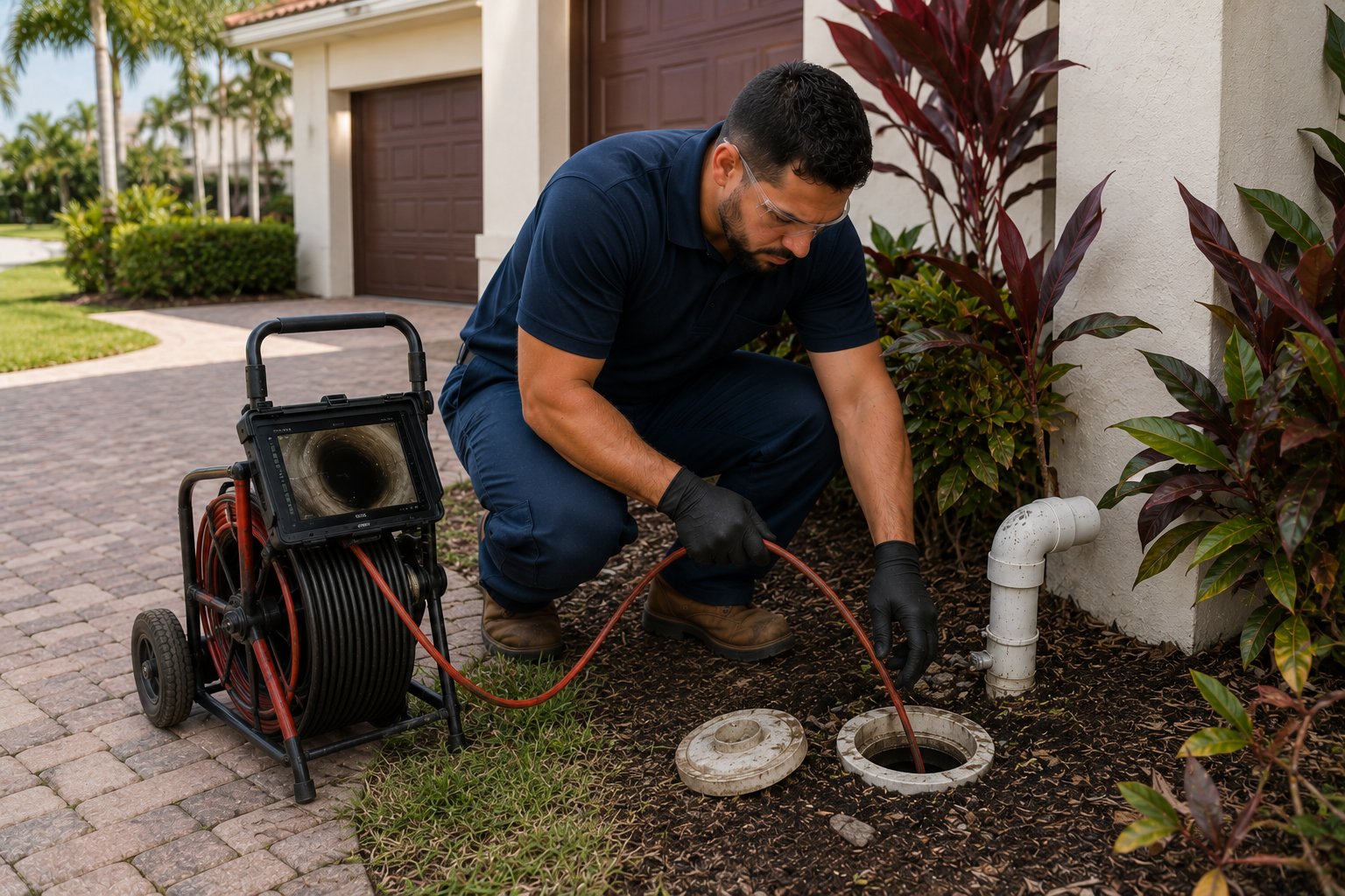 Plumber inspecting an exterior sewer cleanout outside a Pembroke Pines home