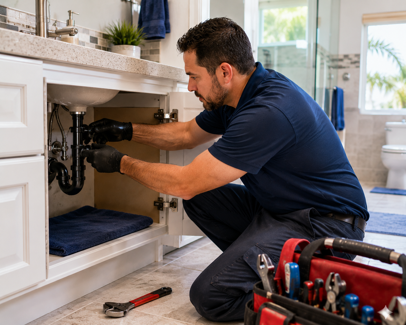 Residential plumber repairing a fixture inside a Pembroke Pines home